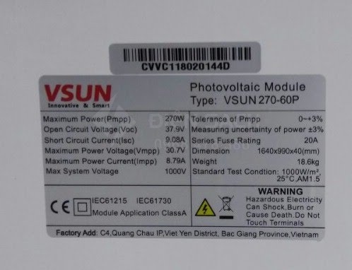 Tấm pin Năng lượng mặt trời 270W - VSUN