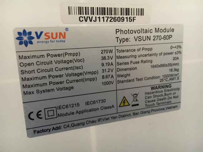 Tấm pin Năng lượng mặt trời 270W - VSUN